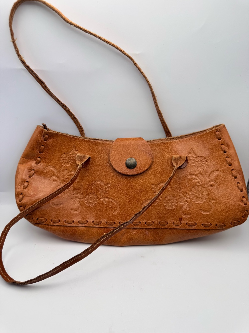 Vintage Genuine Leather Tooled Purse Made In India Embossed Floral Design Small